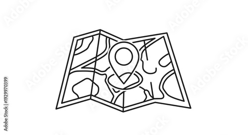 Line art illustration of a folded map with a location pin.
