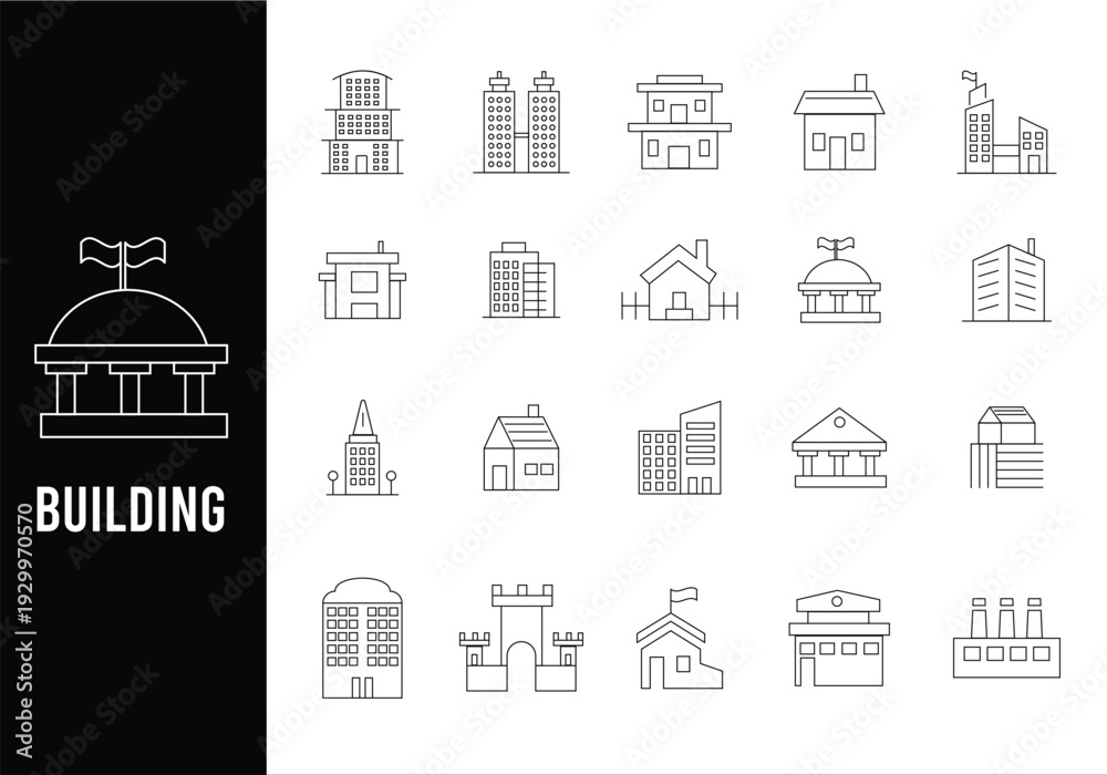 Obraz premium Minimalist grid of 20 building line icons featuring diverse architectural structures from residential homes and castles to modern skyscrapers and industrial plants.