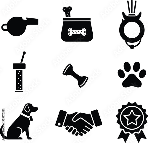 Set of black and white dog training and reward icons featuring a whistle, treats, clicker, bone, paw print, award medal, and handshake symbol.
