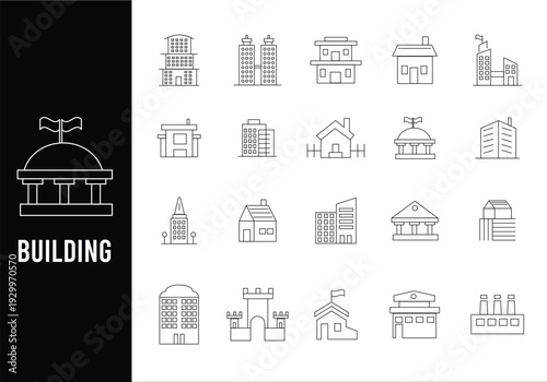 Minimalist grid of 20 building line icons featuring diverse architectural structures from residential homes and castles to modern skyscrapers and industrial plants.