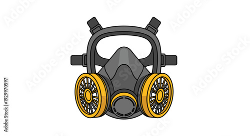 A dark grey dual filter respirator mask with yellow circular filters and black head straps is shown from a frontal view.