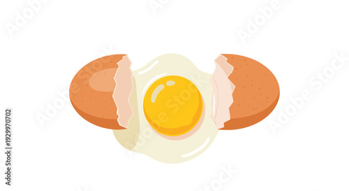 A top down view of a cracked brown egg shows the yolk and white centered between two symmetrical shell halves.