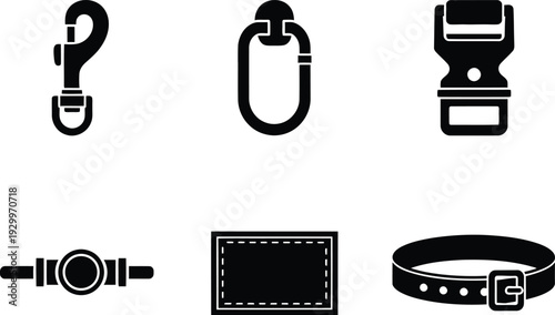 Set of black and white pet accessory icons featuring durable metal snap hooks, sturdy buckles, leather collars, and fabric patches for animal gear.