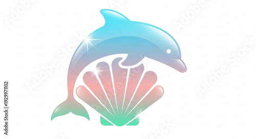 Colorful dolphin jumping out of a seashell with gradient hues of blue pink and green on white background