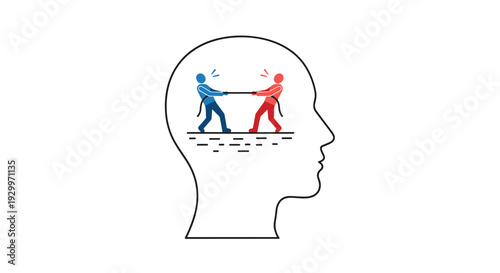 A minimalist line art illustration of a human head profile containing a blue figure and a red figure playing tug of war on a white background.