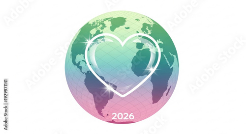 Vibrant heart shaped globe with 2026 date symbolizing love and unity for the future colorful illustration