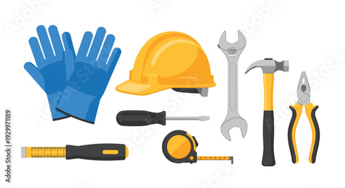 A flat lay illustration of various construction and repair tools including a yellow hard hat blue gloves and a hammer isolated on a white background.