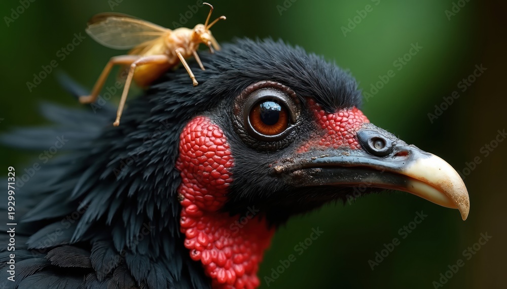 Fototapeta premium Wattled brush-turkey head shows black feathers red wattles. An insect sits on birds crown. Wildlife close-up detail of avian creature. Nature macro shot.