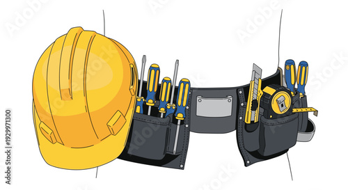 An illustration showing a black tool belt worn around a waist with a yellow hard hat hanging on the side and various tools in the pockets.