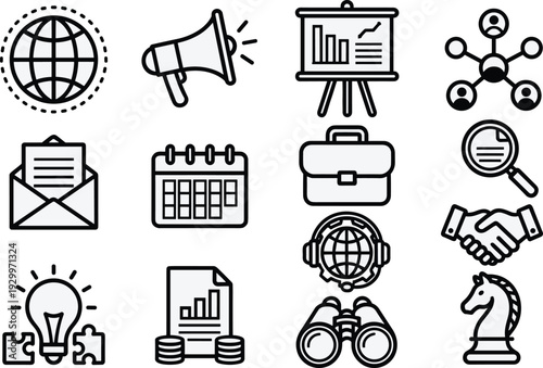 Business management line icons set editable vector collection, marketing strategy finance communication corporate symbols illustration pack