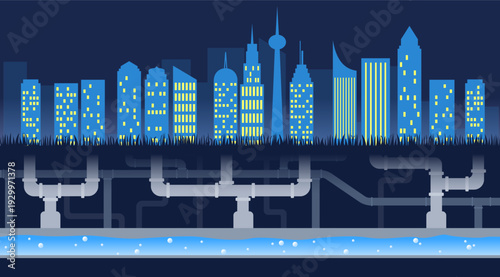Underground Water Pipeline System Connected to City buildings vector illustration, water supply network