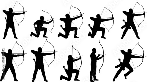 Large vector collection of black archer silhouettes, featuring various professional athletes aiming bows and shooting arrows in standing, kneeling, and active sports poses.