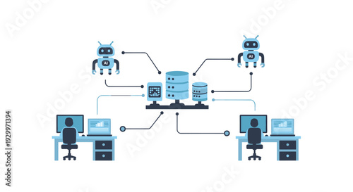 A flat vector illustration of a data network showing central servers connected to artificial intelligence robots and office workers at computer desks.