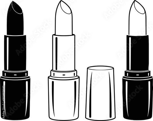 Lipstick silhouettes collection, cosmetic makeup vector illustration set in black and white for beauty branding, fashion design, skincare packaging, glamour projects