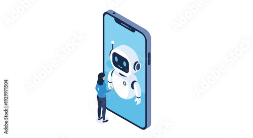 A woman in blue stands beside a large isometric smartphone screen featuring a white robot with blue eyes and a friendly expression.