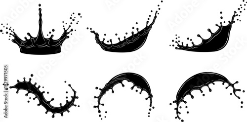 Liquid splash silhouette vector illustration set, dynamic ink milk water splash effects, abstract fluid motion shapes for design, logo, background, branding use
