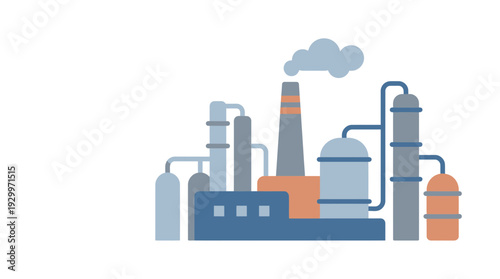 Clean minimalist vector illustration of a stylized industrial factory complex with smokestack and pipes