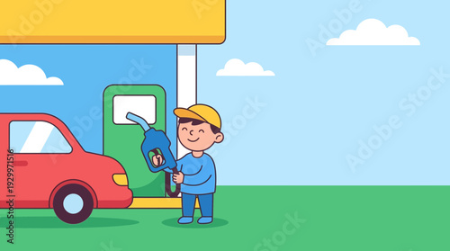 Happy child with fuel pump at gas station, refueling a car