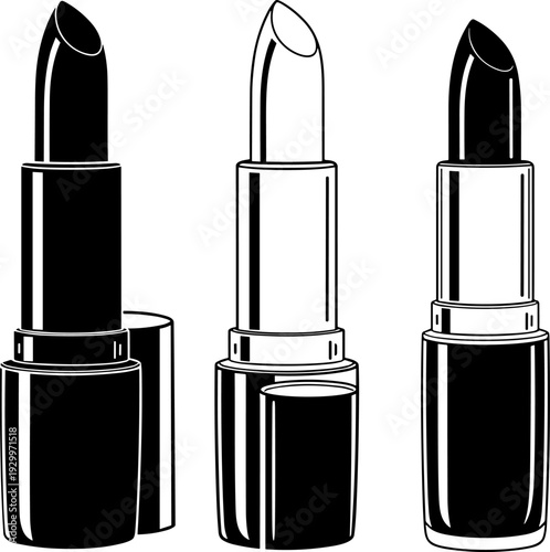 Lipstick silhouettes vector illustration set, cosmetic makeup tube icons collection, beauty and fashion product design, black minimalist branding elements