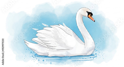 Serene white swan gliding on calm blue water with soft ripples and subtle background splash