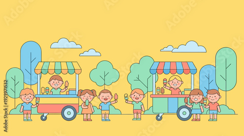 Happy children enjoying ice cream from carts in a park on a sunny summer day