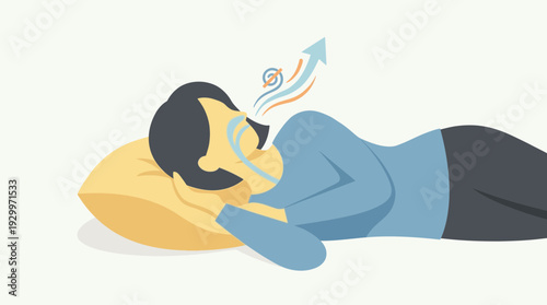 Person lying on pillow, illustrating snoring and breathing issue with medical symbol.