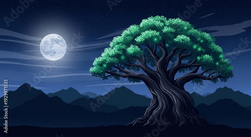 Majestic tree under moonlight with mountain range in background at night