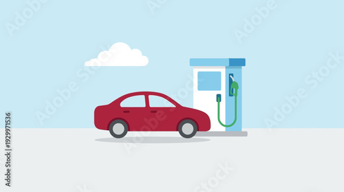 Red car at gas station with fuel pump and cloudy sky