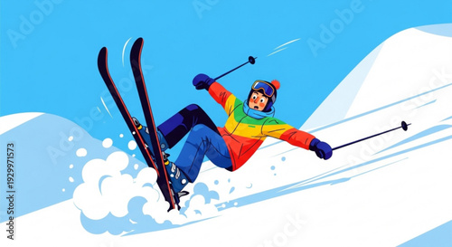 Skier in colorful gear skiing down snowy slope with blue sky background