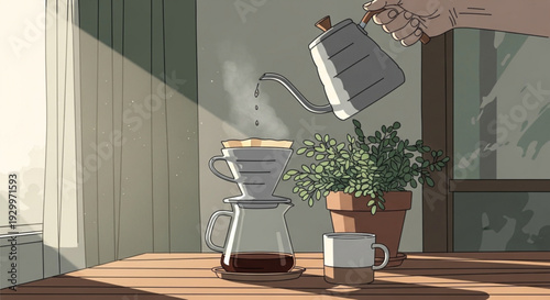 Person pouring water over coffee filter on wooden table with plants