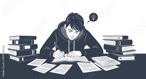 Student diligently studying with books and papers on a desk.