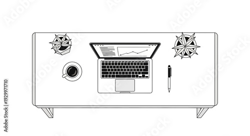 Overhead view of a minimalist workspace with laptop coffee and decorative elements.