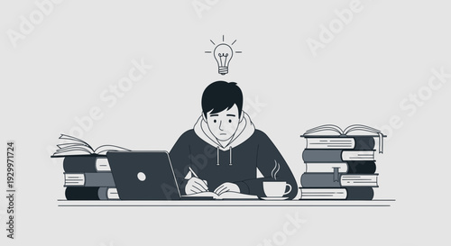 Student studying with laptop and books a lightbulb moment.