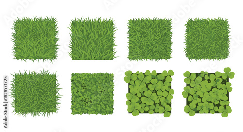 Eight square patches of various green grass and clover textures are arranged in two horizontal rows against a solid white background.