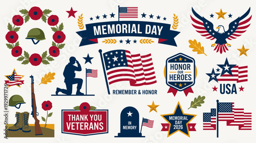 Memorial Day Flat Vector Illustration Set