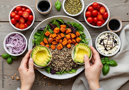 Preparing colorful sweet potato salad with fresh ingredients on wooden table