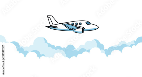 A small white and blue airplane flies horizontally across a sky filled with puffy cartoon clouds on a white background.