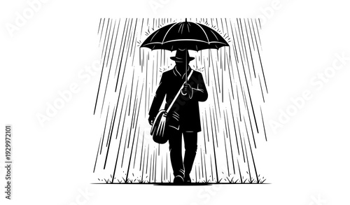 Heavy Rain Silhouette Illustration of Man Carrying Bag and Umbrella
