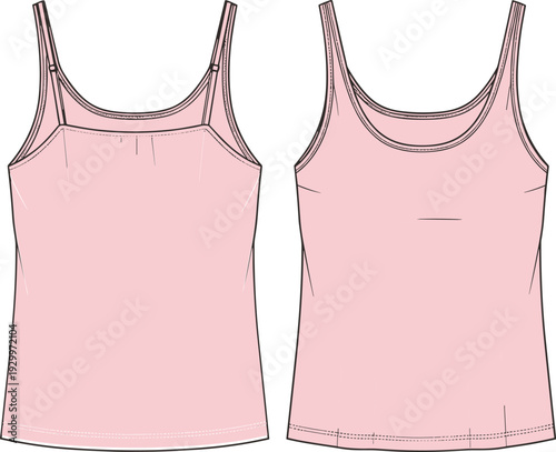 Women's Basic Camisole Tank Top Technical Fashion Flat Sketch, Adjustable Spaghetti Straps Vector CAD Illustration Template.