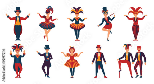A collection of ten circus performers including ringmasters dancers and jesters are shown in various colorful costumes.