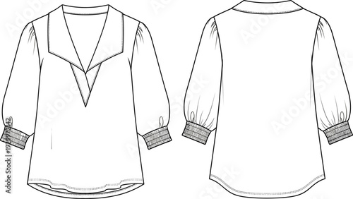 Women's blouse technical flat, deep V-neck top with cuffed puff sleeves, apparel design sketch for fashion templates, sewing pattern illustration