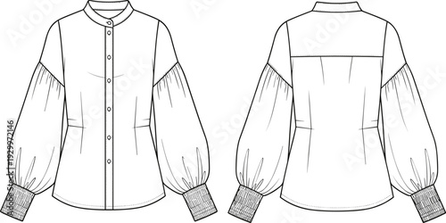 Women's Blouse Flat Sketch Technical Drawing, Mandarin Collar, Full Button Front, Dramatic Balloon Sleeves, Fitted Waist, Ribbed Cuffs, Apparel Vector Template, Front and Back View.