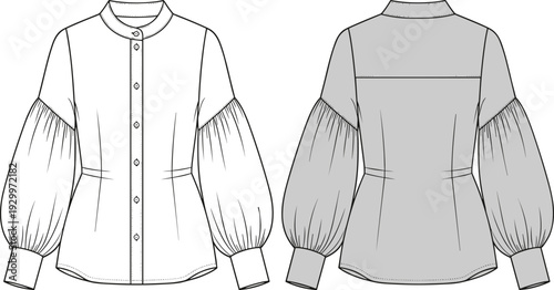 Women's Button-Front Blouse Flat Sketch Technical Drawing, Fitted Silhouette, Mandarin Collar, Dramatic Balloon Sleeves, Long Cuffs, Apparel Vector Template, Front and Back View.