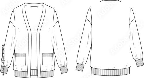 Women's cardigan technical flat, open front sweater with ribbed cuffs and hem, fashion design template, apparel illustration for sewing patterns