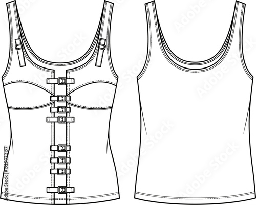 Women's corset detail tank top fashion flat sketch template, technical drawing with multiple buckles, strap adjusters, contoured seams, and scoop neck, front and back view, vector.