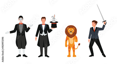 A mime a magician with a rabbit a person in a lion costume and a fencer stand in a row against a plain white background for a show.