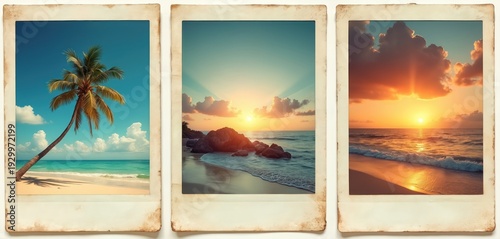 Three vintage frames show tropical beach scenes. One shows a palm tree on white sand beach. Two frames display beautiful ocean sunsets. These photos evoke a sense of nostalgia and vacation.