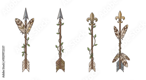 Four ornate vertical arrows featuring feathers vines and golden fleur-de-lis symbols are arranged side by side against a white background.