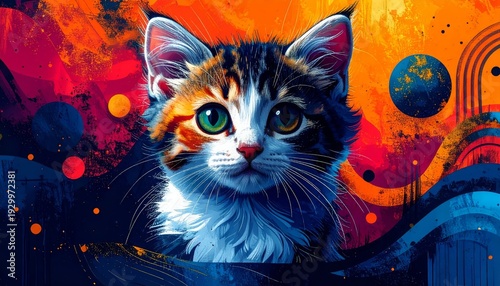 Adorable Calico Kitten with Big Eyes in a Vibrant Abstract Art Background.