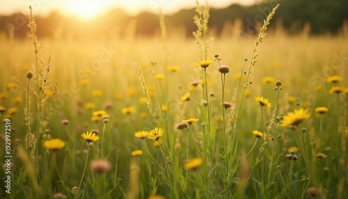 Golden hour sunlight bathes a meadow filled with yellow wildflowers and green grass. Tall stalks of dry grass catch the warm light. Peaceful nature scene with blooming plants.